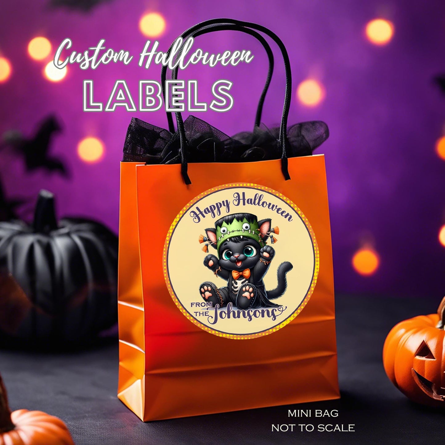 Personalized Cute Black Cat Halloween Stickers, Custom Name Labels for Party Favors, Gifts, or Decor, Fun & Festive Trunk or Treats Labels