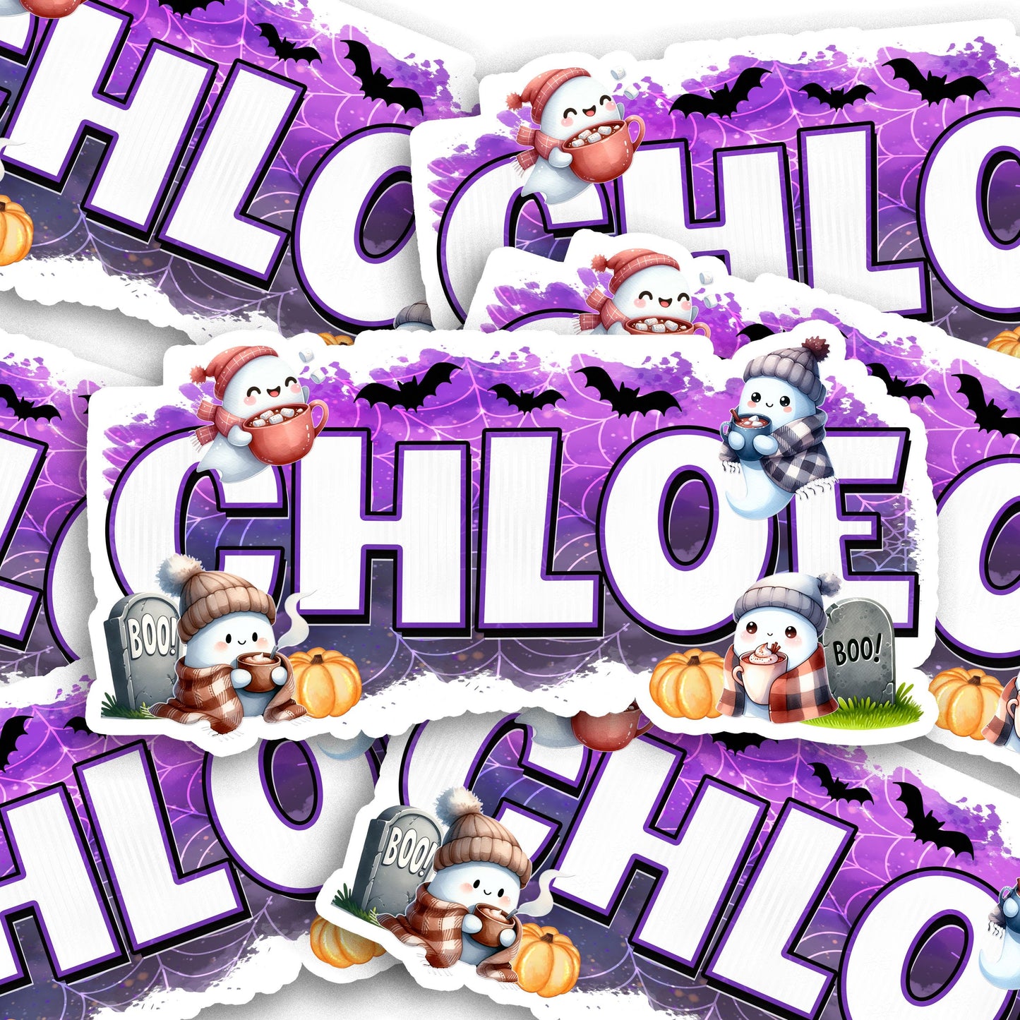 Custom Name Sticker, Cute Ghost Decal, Hot Cocoa Boo, Spooky Halloween, Autumn Label, Water Bottle Sticker, Laptop Sticker, Treat Bag Favor