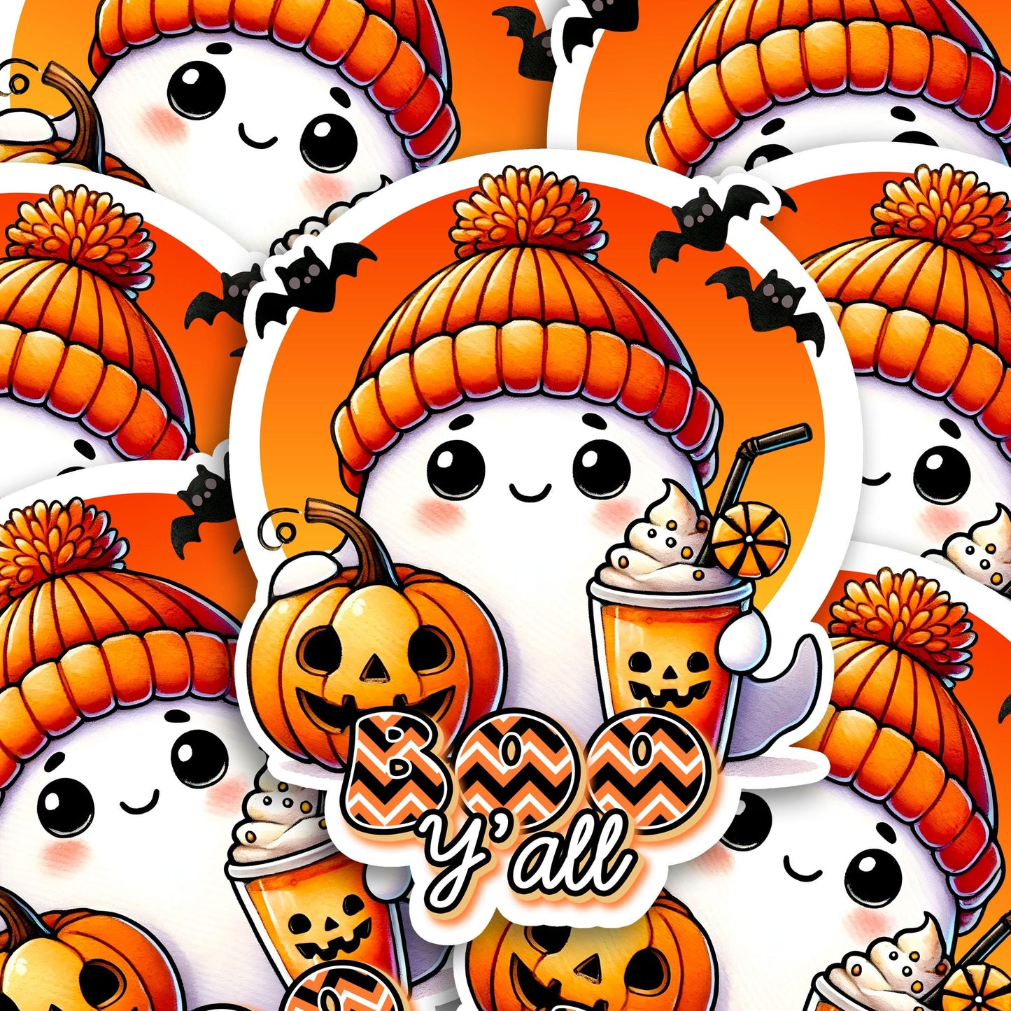 Fall Ghost Stickers, Cute Boo Decal, Pumpkin Spice Bats, Boo Y&#39;all Design, Waterproof Label, Treat Bag, Halloween Bucket Decoration