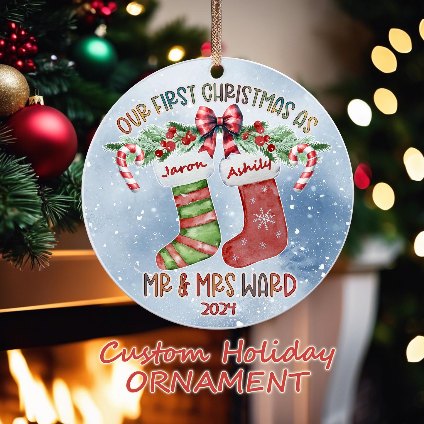 Personalized Our First Christmas as Mr. & Mrs. Ornament - Custom Couple's Holiday Keepsake Gift - Newlywed Christmas Decor - Name Stockings