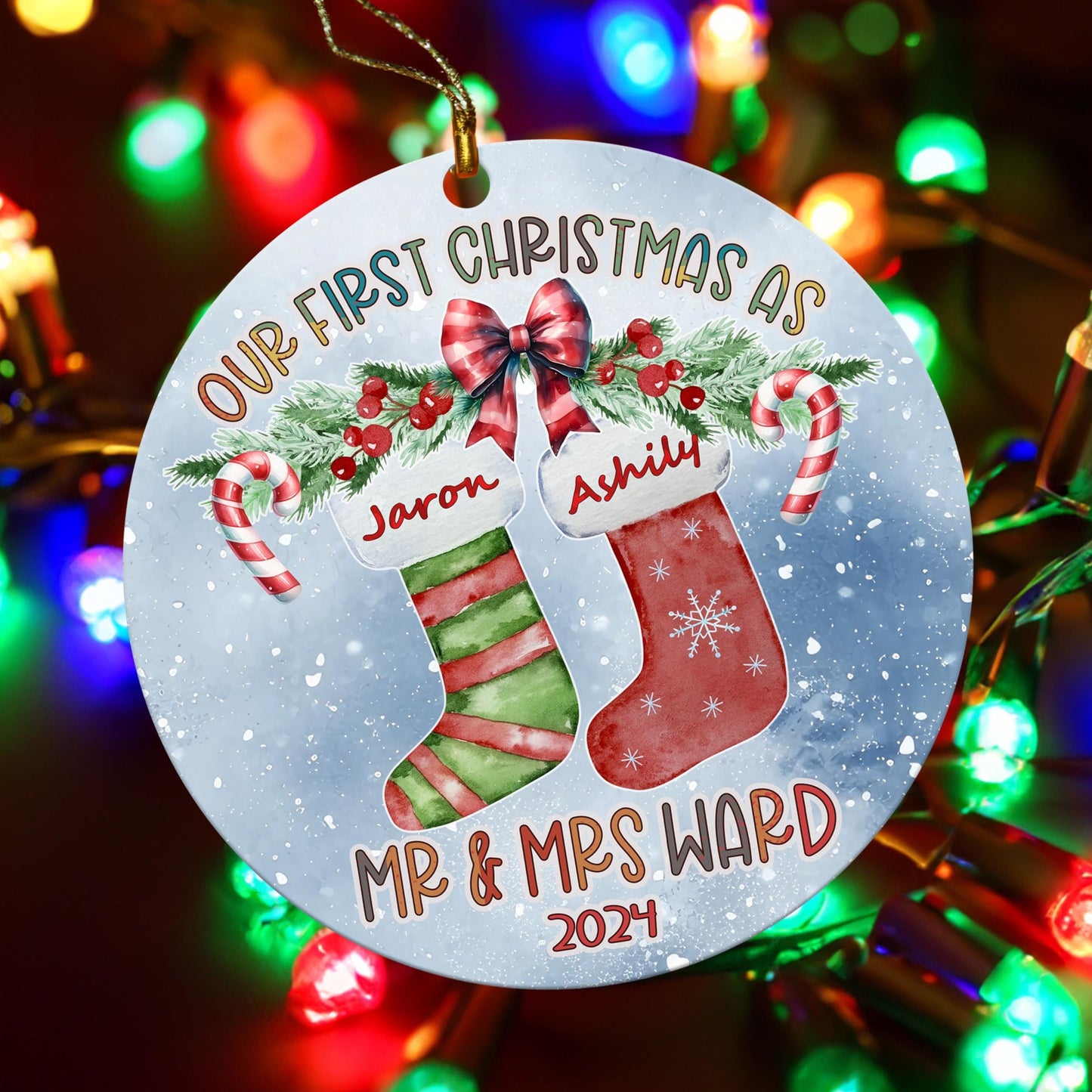 Personalized Our First Christmas as Mr. & Mrs. Ornament - Custom Couple's Holiday Keepsake Gift - Newlywed Christmas Decor - Name Stockings