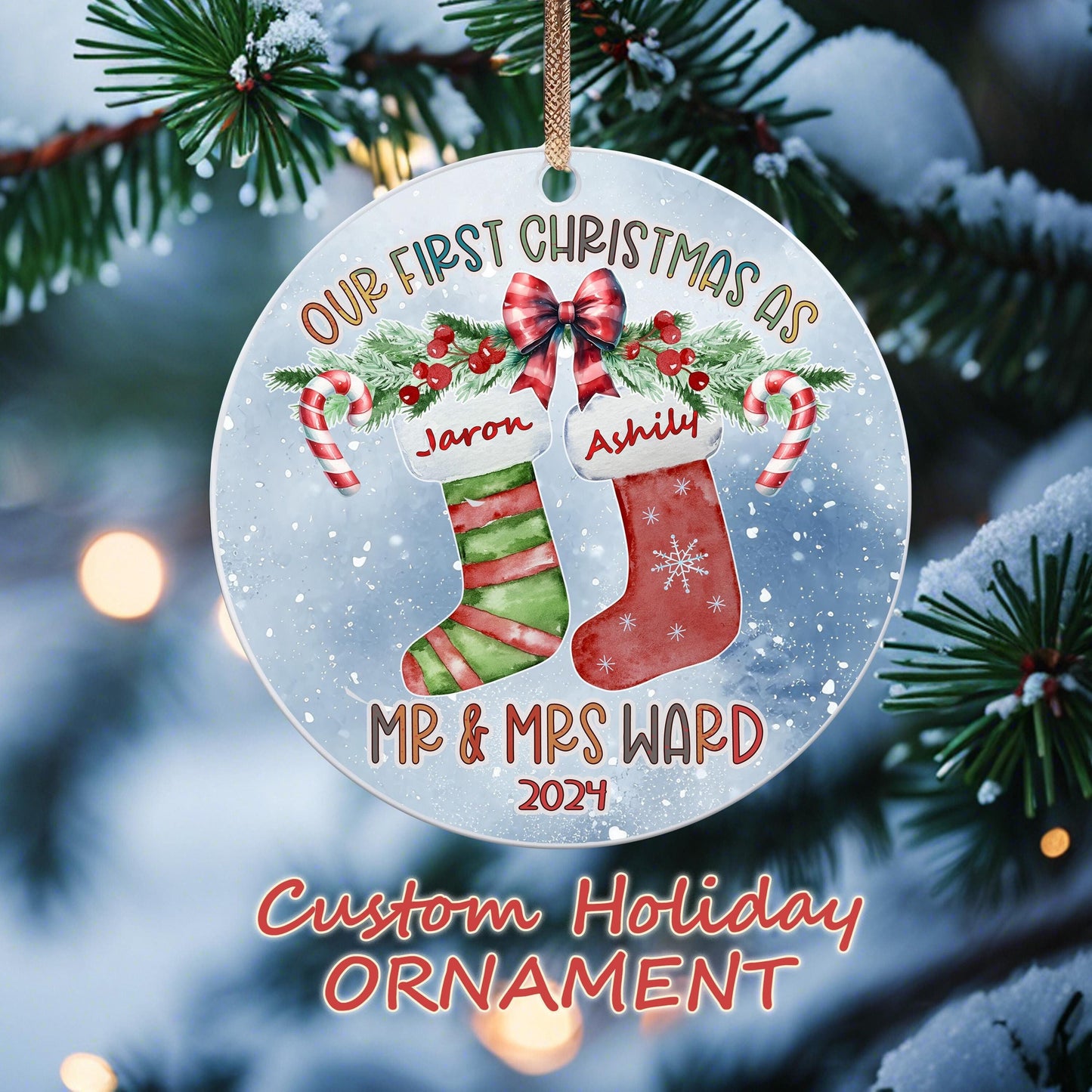 Personalized Our First Christmas as Mr. & Mrs. Ornament - Custom Couple's Holiday Keepsake Gift - Newlywed Christmas Decor - Name Stockings