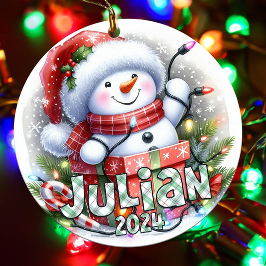 Personalized Christmas Ornament - Cute Snowman, Add Name & Year | Custom Gift Keepsake for Kids, Grandkids, Family, Friends Holiday Decor