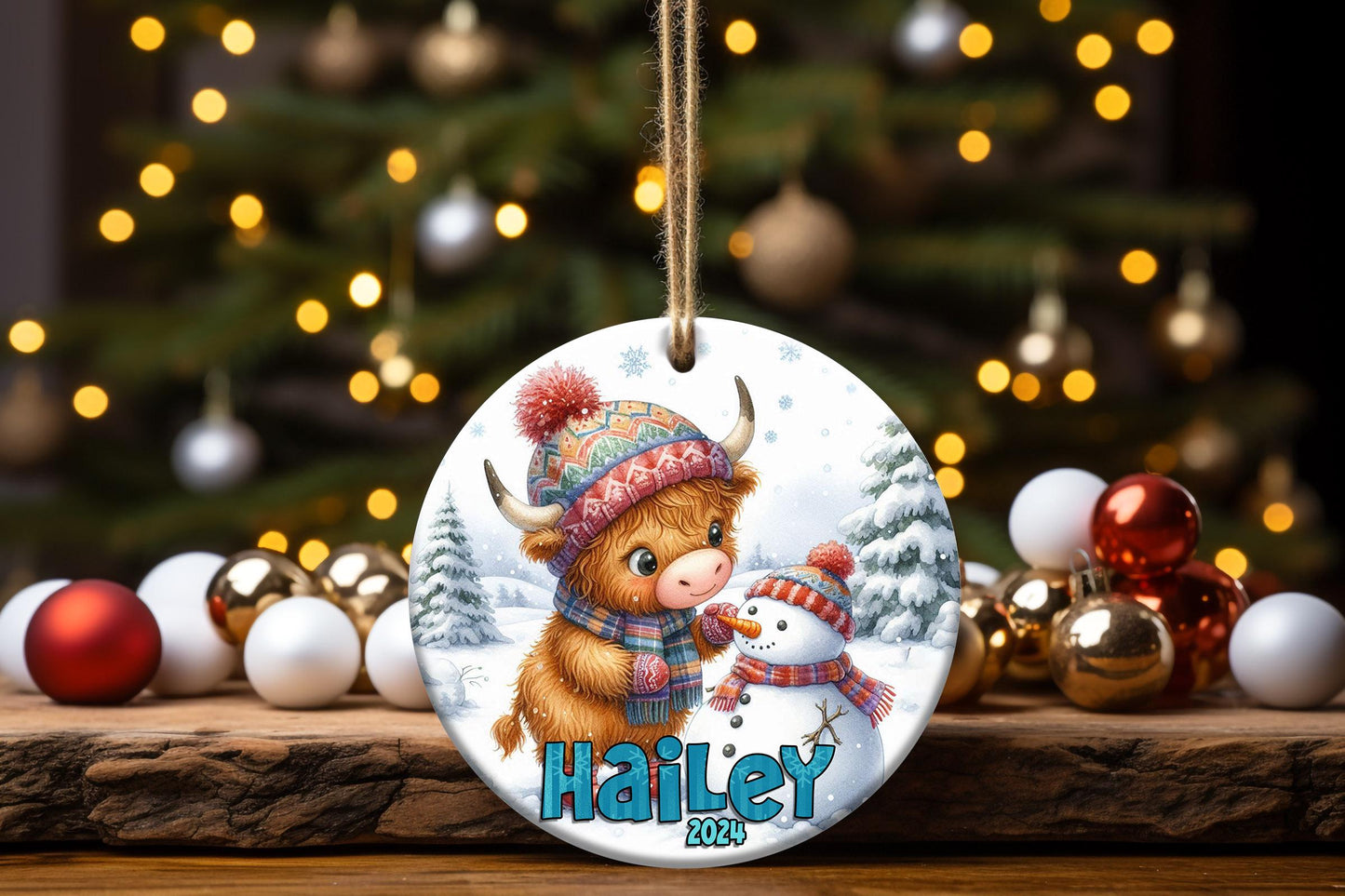 Personalized Highland Cow Christmas Ornament - Add Name & Year - Cute Farm Gift for Kids, Grand-kids, Family and Friends - Custom Keepsake