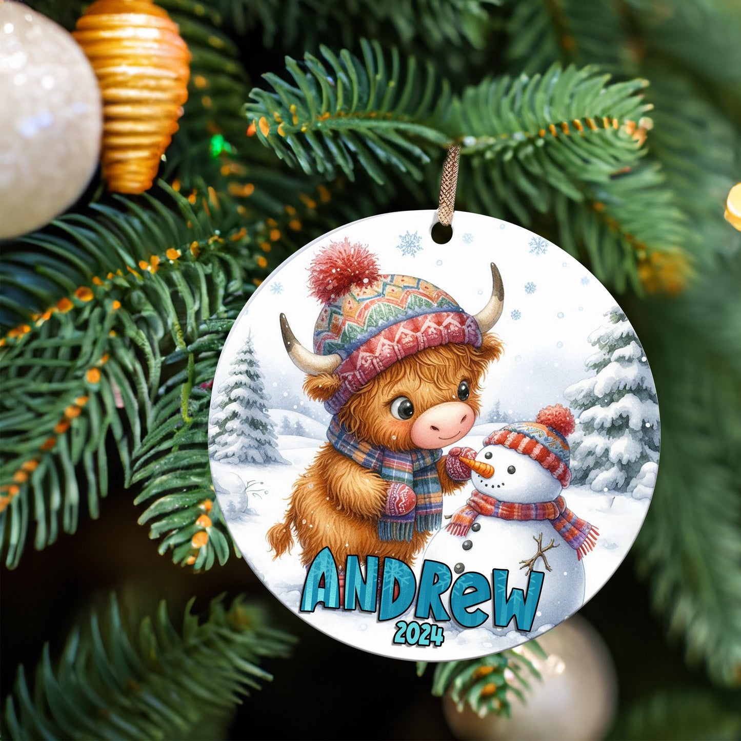 Personalized Highland Cow Christmas Ornament - Add Name & Year - Cute Farm Gift for Kids, Grand-kids, Family and Friends - Custom Keepsake