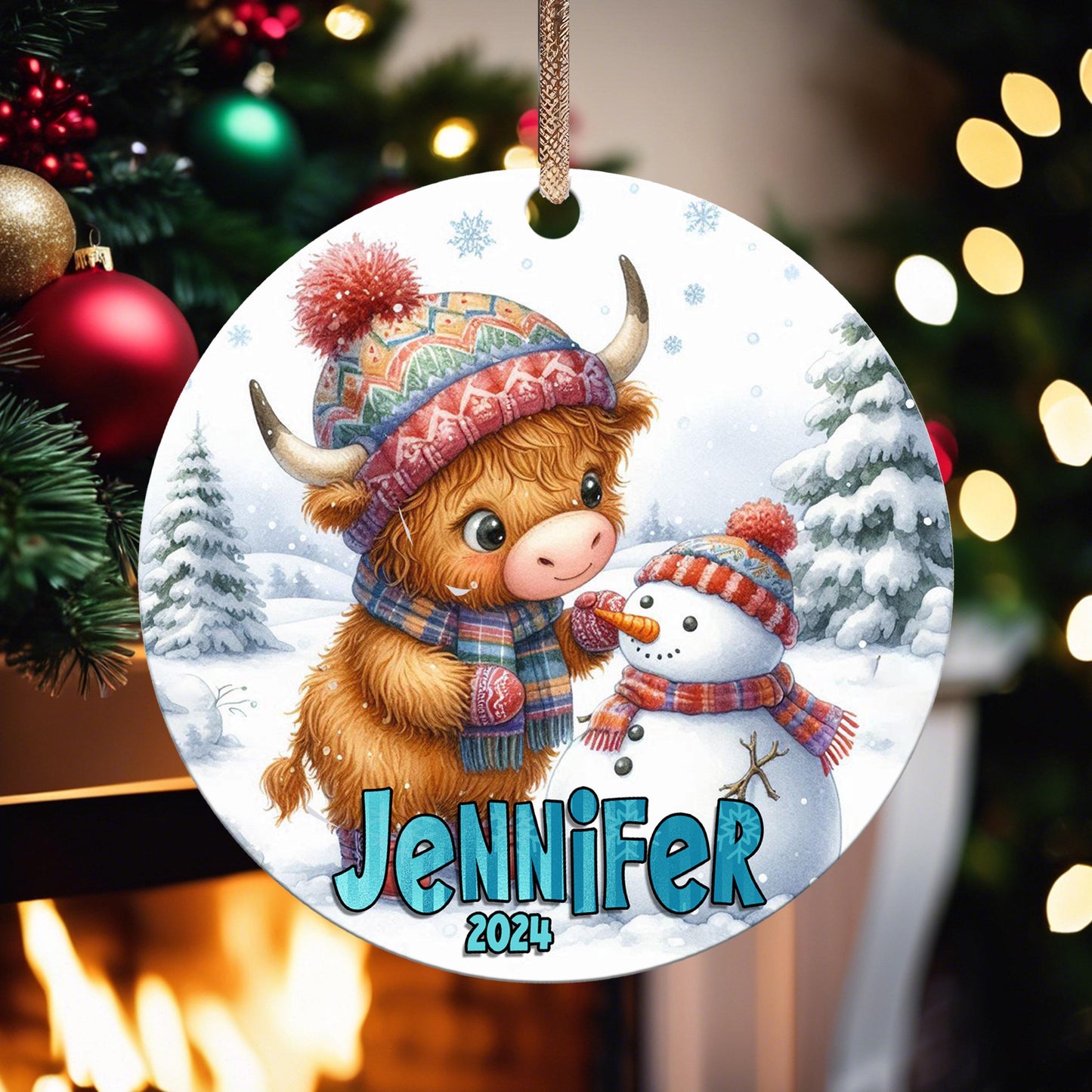 Personalized Highland Cow Christmas Ornament - Add Name & Year - Cute Farm Gift for Kids, Grand-kids, Family and Friends - Custom Keepsake