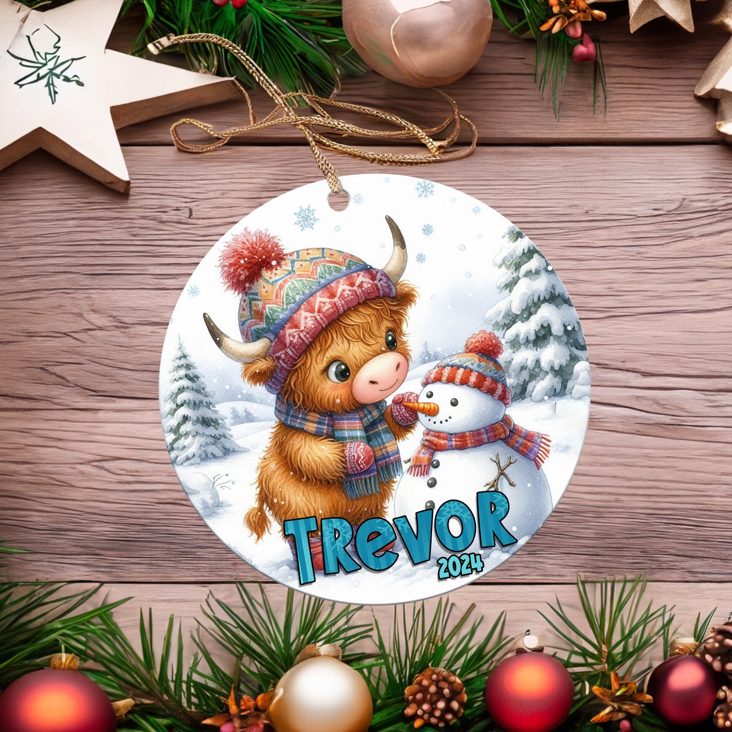 Personalized Highland Cow Christmas Ornament - Add Name & Year - Cute Farm Gift for Kids, Grand-kids, Family and Friends - Custom Keepsake