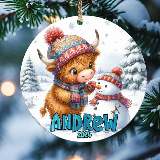 Personalized Highland Cow Christmas Ornament - Add Name & Year - Cute Farm Gift for Kids, Grand-kids, Family and Friends - Custom Keepsake