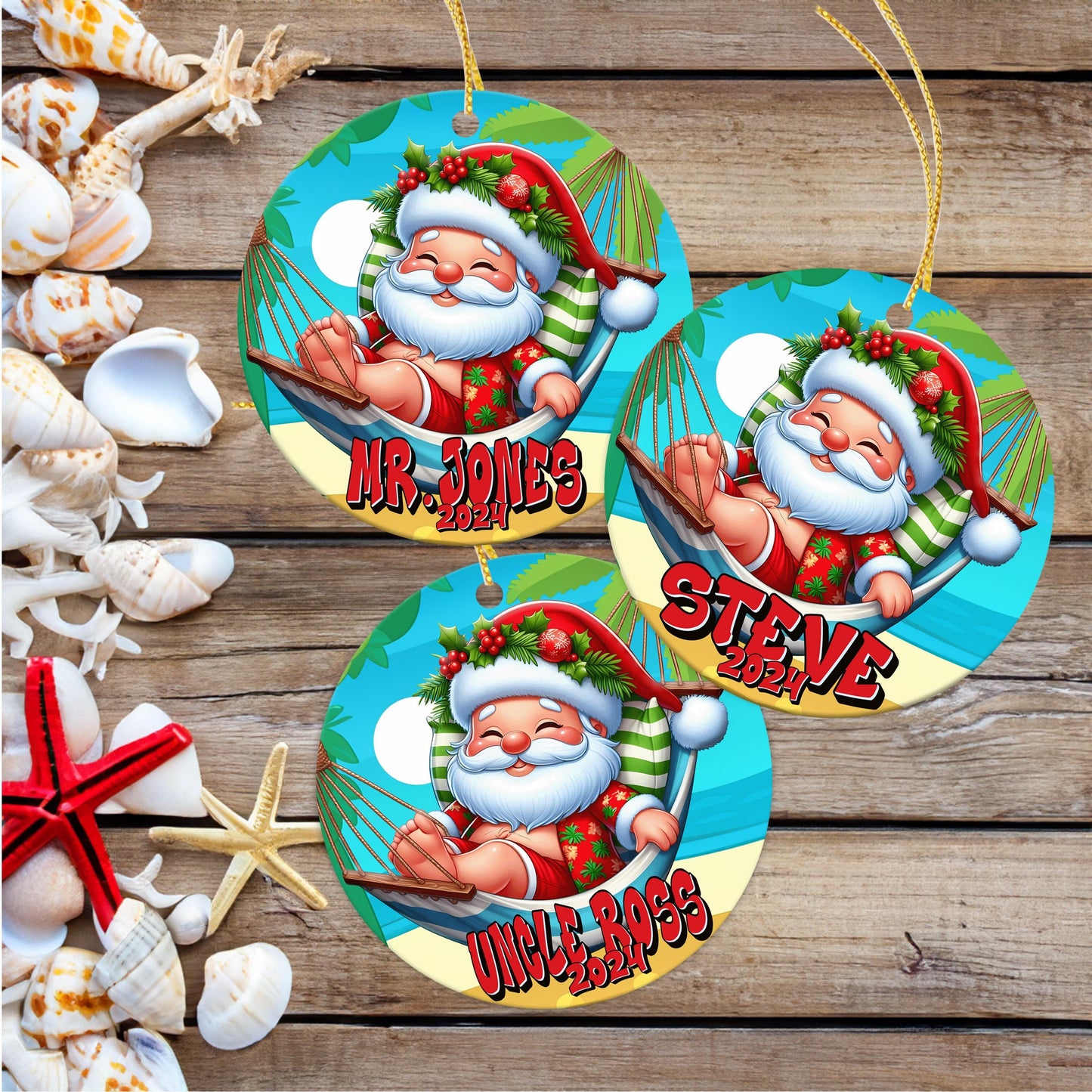 Personalized Christmas Ornament, Funny Beach Santa, Add Name Year, Family Friends Gift, Custom Keepsake, Holiday Humor, Tropical Christmas