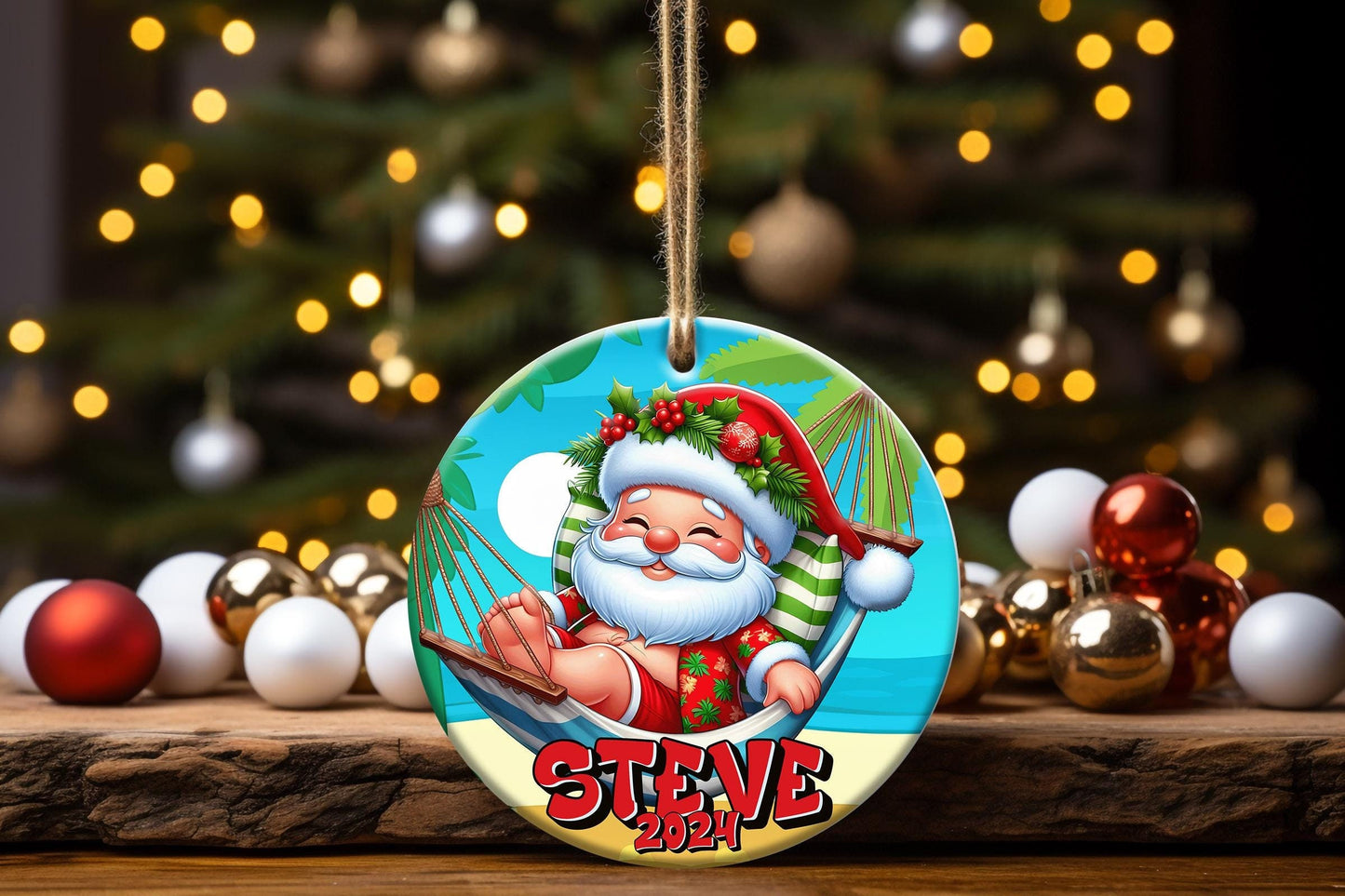 Personalized Christmas Ornament, Funny Beach Santa, Add Name Year, Family Friends Gift, Custom Keepsake, Holiday Humor, Tropical Christmas