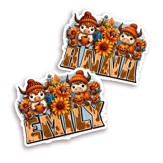 Custom Name Sticker - Cute Highland Cow with Sunflowers & Pumpkins - Fall Theme - Durable Waterproof Label for Gift Tags, Mugs, Tumblers