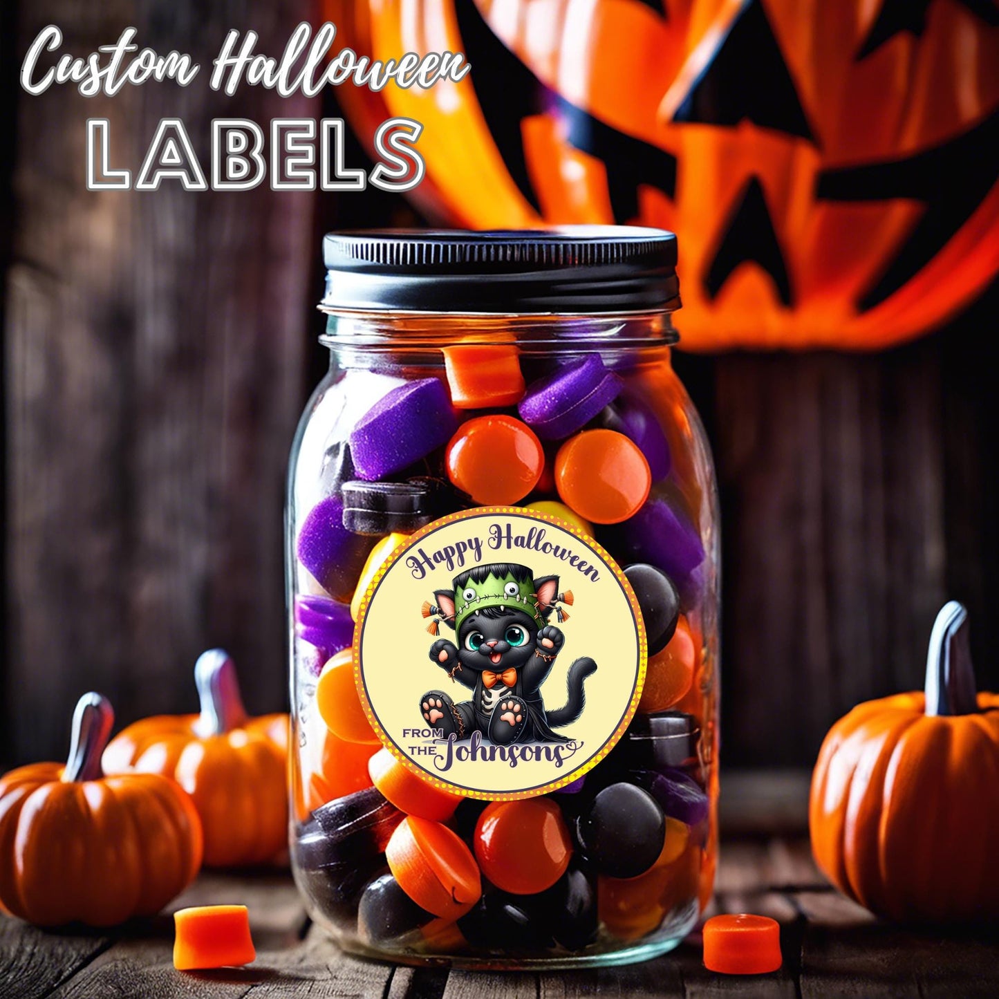 Personalized Cute Black Cat Halloween Stickers, Custom Name Labels for Party Favors, Gifts, or Decor, Fun & Festive Trunk or Treats Labels