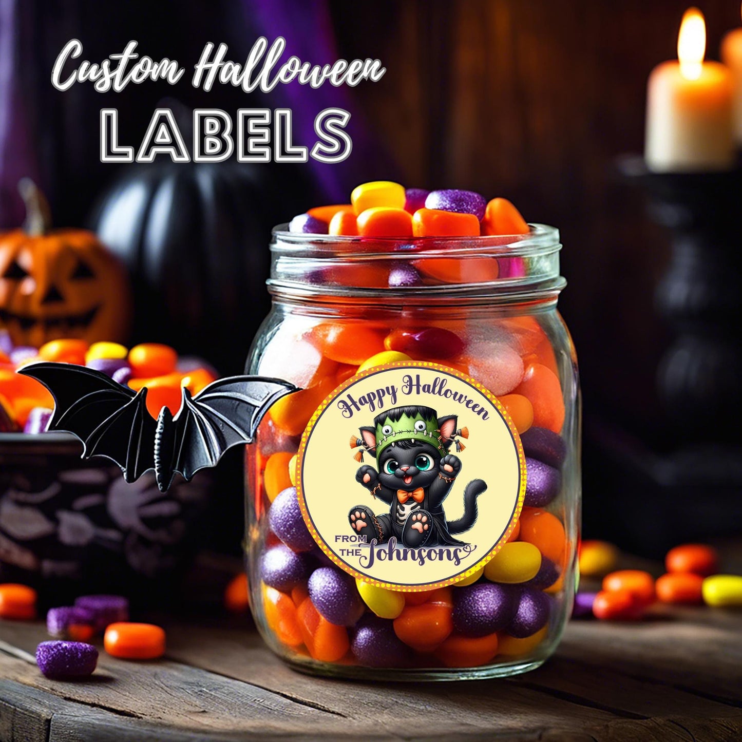 Personalized Cute Black Cat Halloween Stickers, Custom Name Labels for Party Favors, Gifts, or Decor, Fun & Festive Trunk or Treats Labels