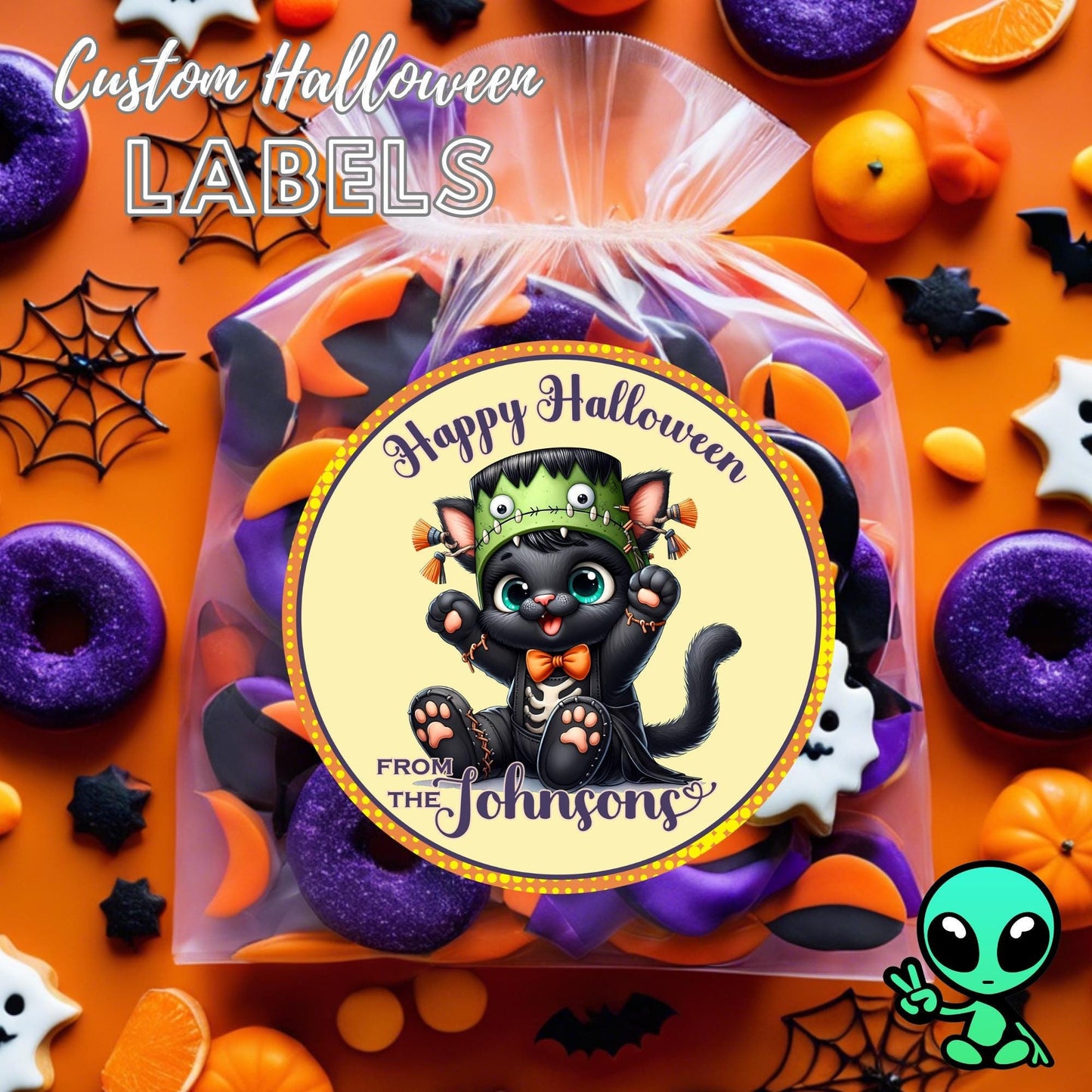 Personalized Cute Black Cat Halloween Stickers, Custom Name Labels for Party Favors, Gifts, or Decor, Fun & Festive Trunk or Treats Labels