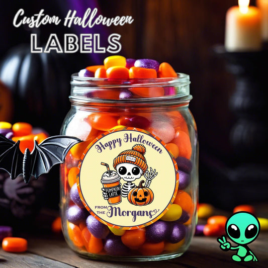 Personalized Happy Halloween Sticker Sheet, Cute Skeleton Labels, Pumpkin Spice Tags, Spooky Fall Party Favor, Treat Bag Labels, Gift Tags