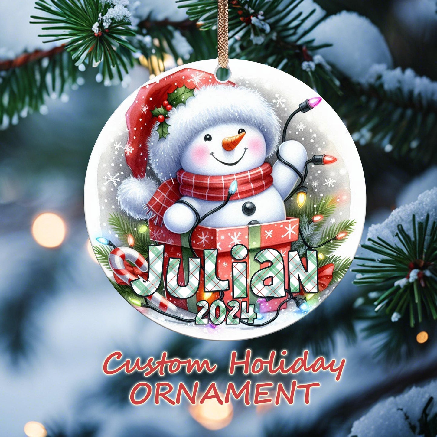 Personalized Christmas Ornament - Cute Snowman, Add Name & Year | Custom Gift Keepsake for Kids, Grandkids, Family, Friends Holiday Decor