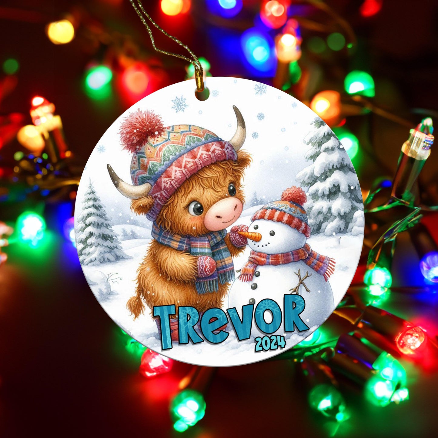 Personalized Highland Cow Christmas Ornament - Add Name & Year - Cute Farm Gift for Kids, Grand-kids, Family and Friends - Custom Keepsake