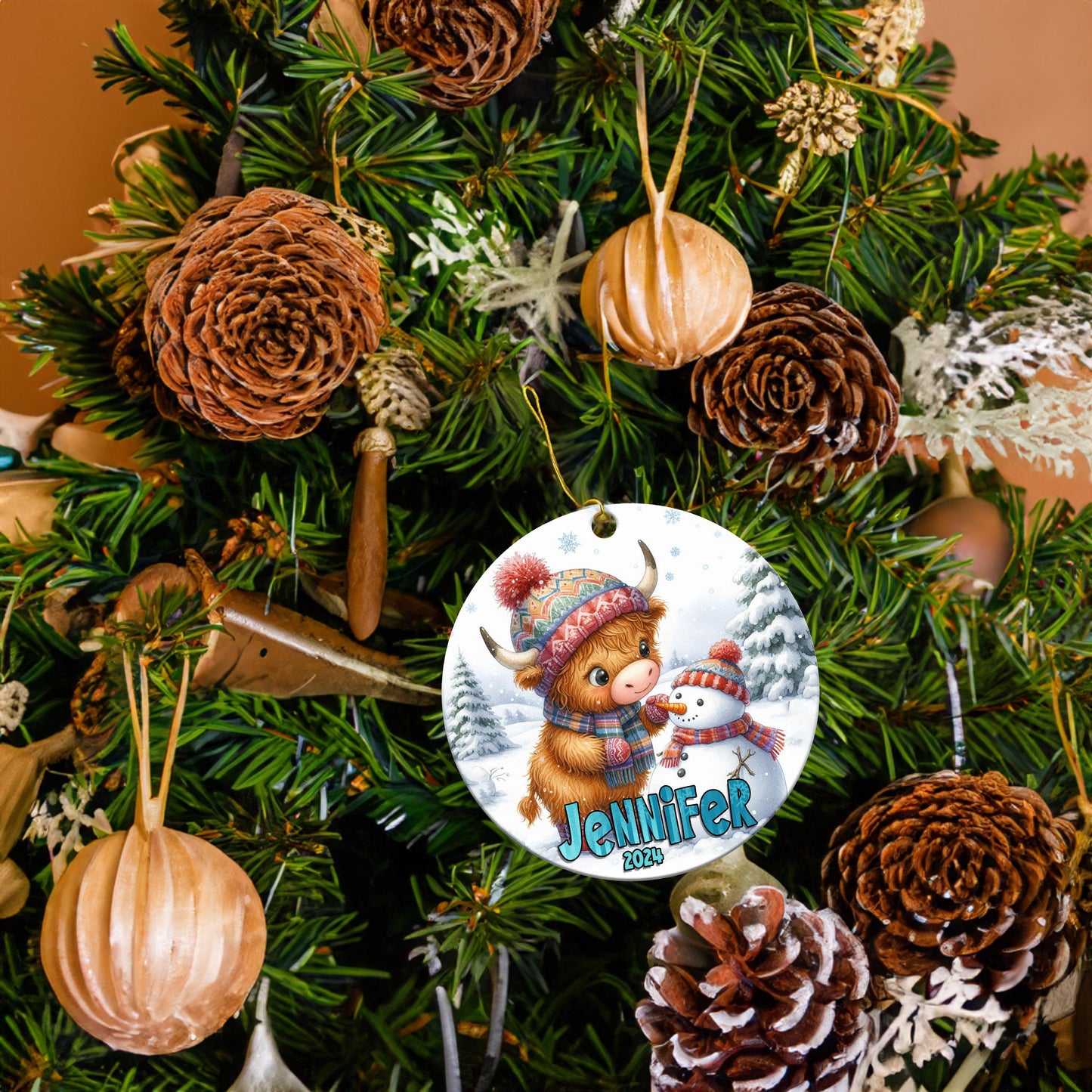 Personalized Highland Cow Christmas Ornament - Add Name & Year - Cute Farm Gift for Kids, Grand-kids, Family and Friends - Custom Keepsake