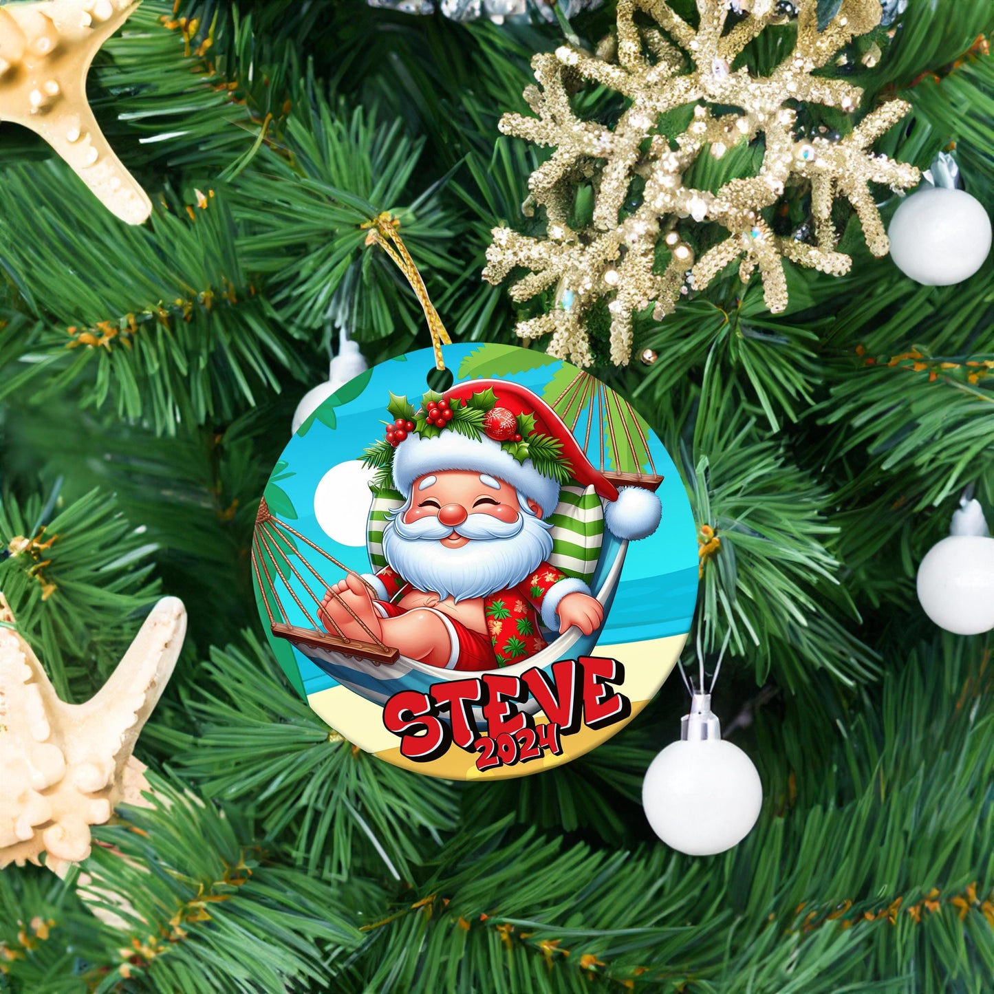 Personalized Christmas Ornament, Funny Beach Santa, Add Name Year, Family Friends Gift, Custom Keepsake, Holiday Humor, Tropical Christmas