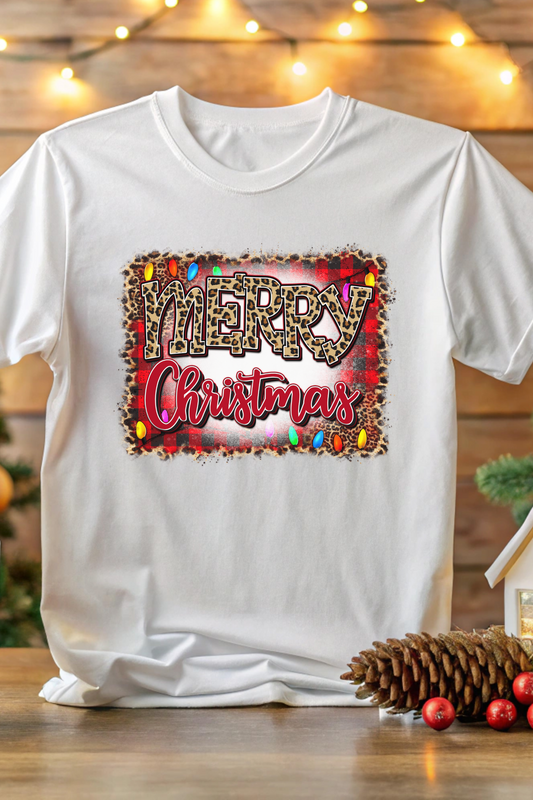 Buffalo Plaid & Leopard Print 'Merry Christmas' Shirt – Festive Holiday Graphic Tee