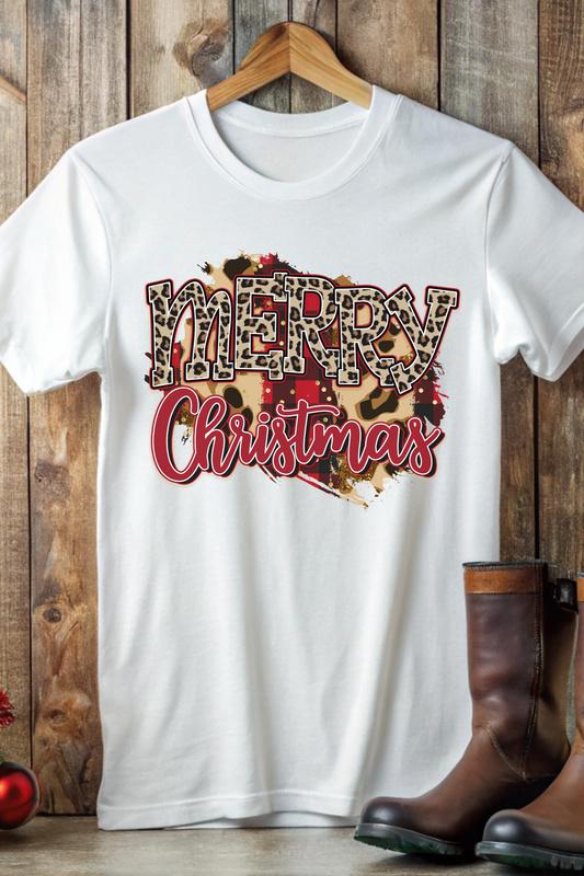 Country Style 'Merry Christmas' Shirt – Buffalo Plaid & Leopard Print Holiday Tee