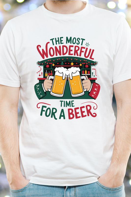 Funny Christmas Beer Shirt – 'It's the Most Wonderful Time for a Beer' Holiday Graphic Tee