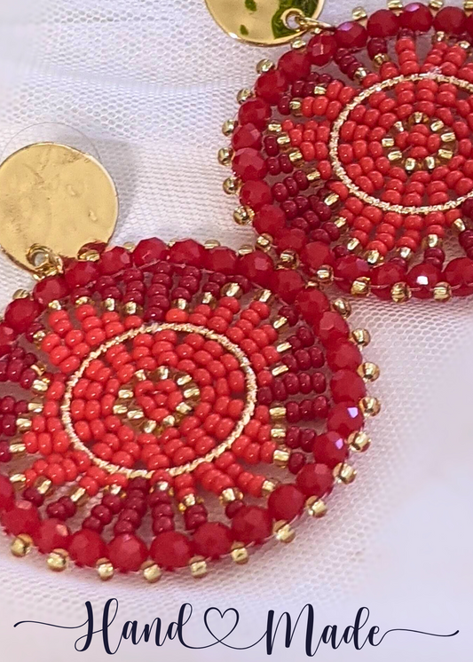 Chaquira-Inspired Red and Gold Beaded Earrings - 2" Round Dangles with Gold Stainless Steel Posts - Elegant Holiday Jewelry