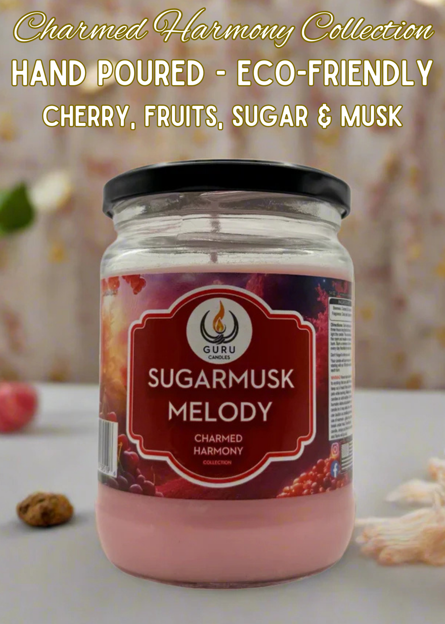 Sugarmusk Melody 14 oz Guru Candle - Hand Poured - Eco-Friendly - Cherry, Fruits, Sugar & Musk