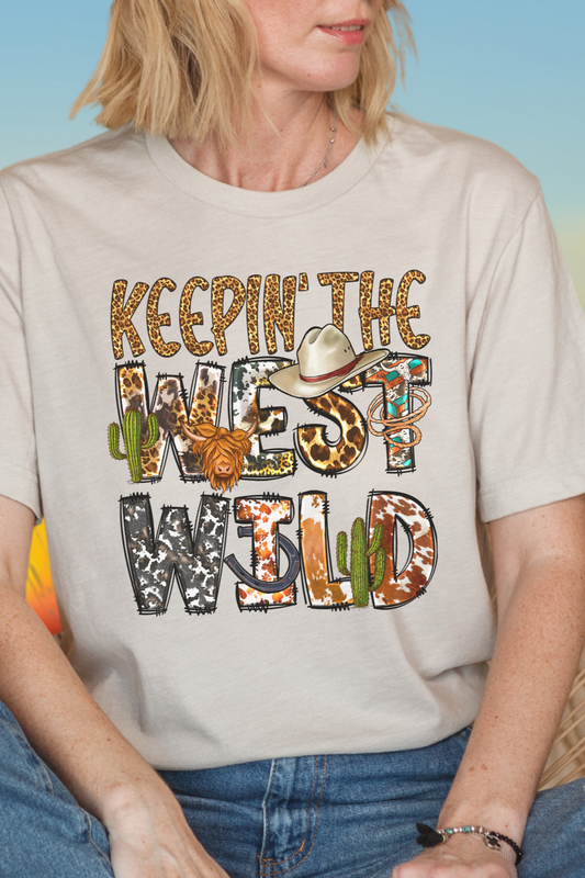 Western 'Keeping the West Wild' Shirt – Earth Tones and Funky Text Graphic Tee